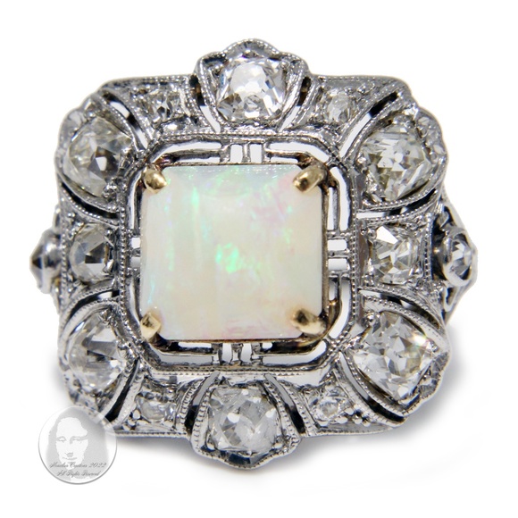 Art Deco Cocktail Ring Opal and Diamond Vintage Platinum Rare Early 20th C - Picture 1 of 16